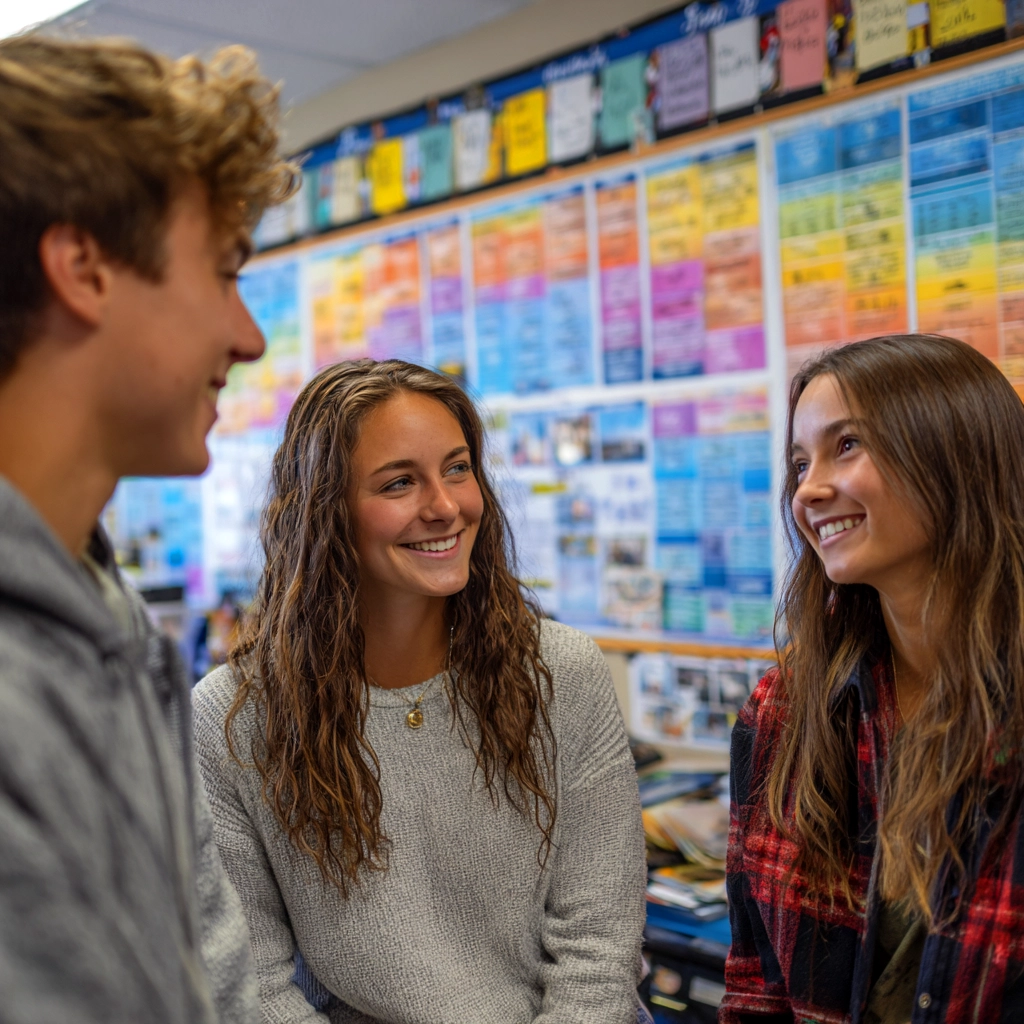 Poster Printer Machines for SC Career Standards Three high school students talking in front of a colorful wall of posters in a guidance office