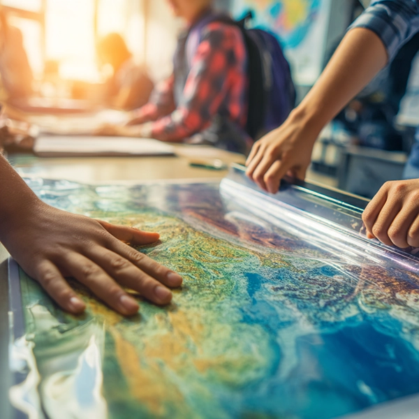 Poster Printer for Schools Laminating Lab Secrets Students laminate a large, colorful educational map on a classroom table with sunlight streaming in