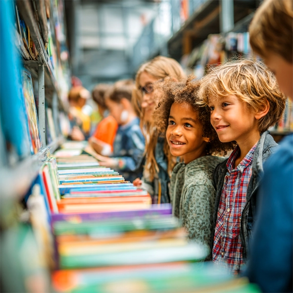 Smiling children browse colorful books at a busy school book fair