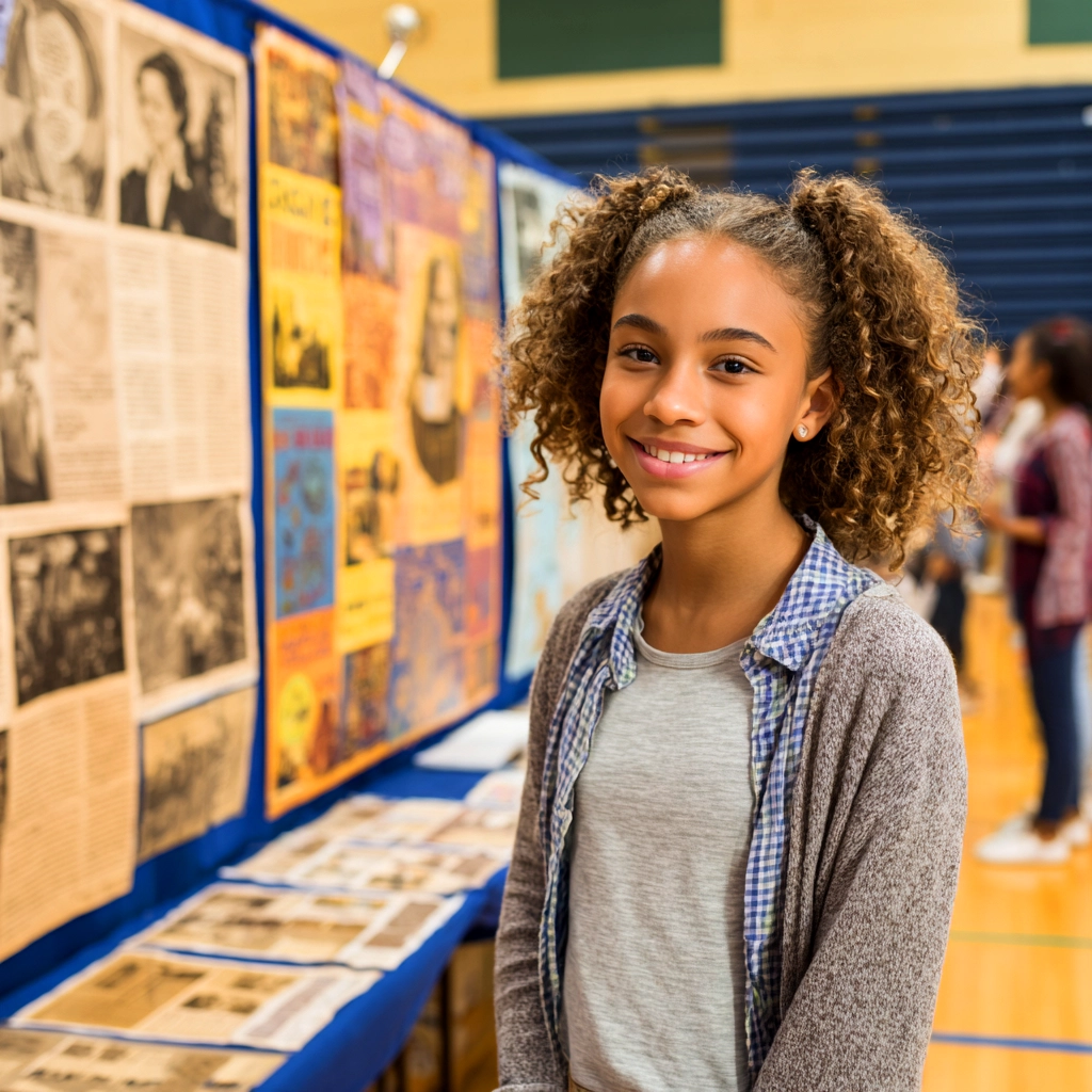 Regional History Fair Success with School Poster Makers Middle school student smiling in front of her Civil Rights Movement history fair display with printed primary sources