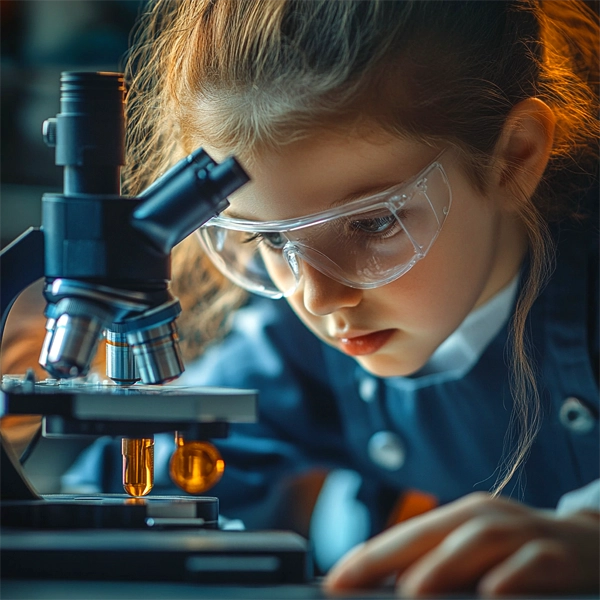 STEM Career Pathways Poster Maker Machine for Schools Young girl in safety goggles closely examining a microscope during a STEM classroom activity