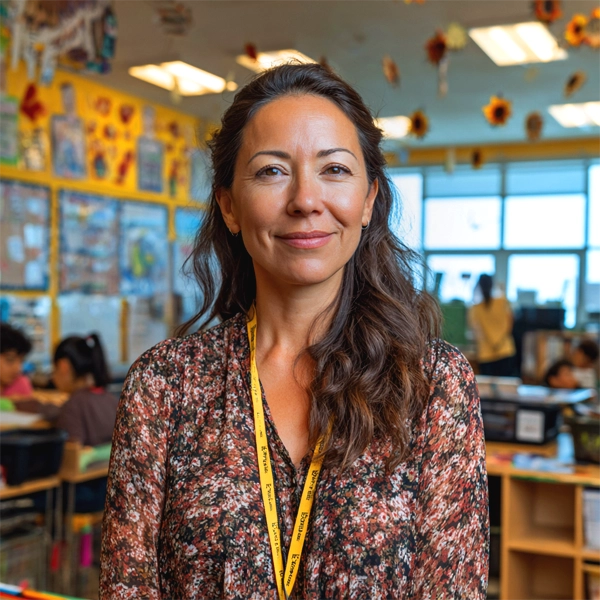Teacher Poster Maker One-button Tech Made Simple Confident school teacher standing in a colorful classroom with students working in the background
