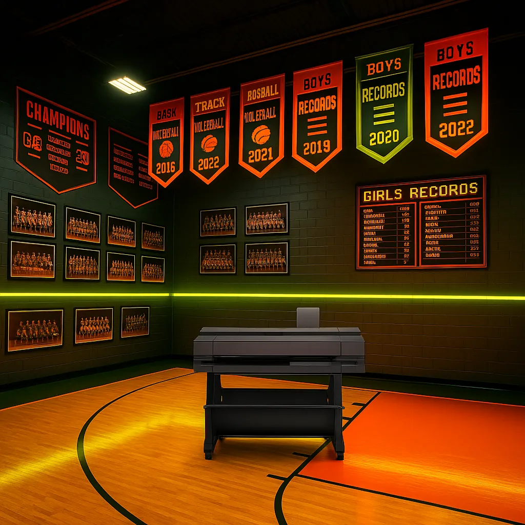 Ultra-wide angle shot of a high school gymnasium championship banners hanging from the ceiling, team photos mounted on walls, and illuminated record boards. Bright, colors dramatic lighting