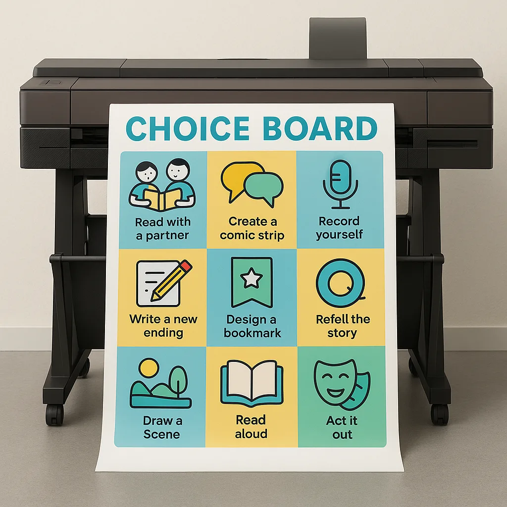 A close-up view of a professionally printed choice board for reading activities, a grid layout 9 different options. Each option should have both text and colorful icons/illustrations. Include