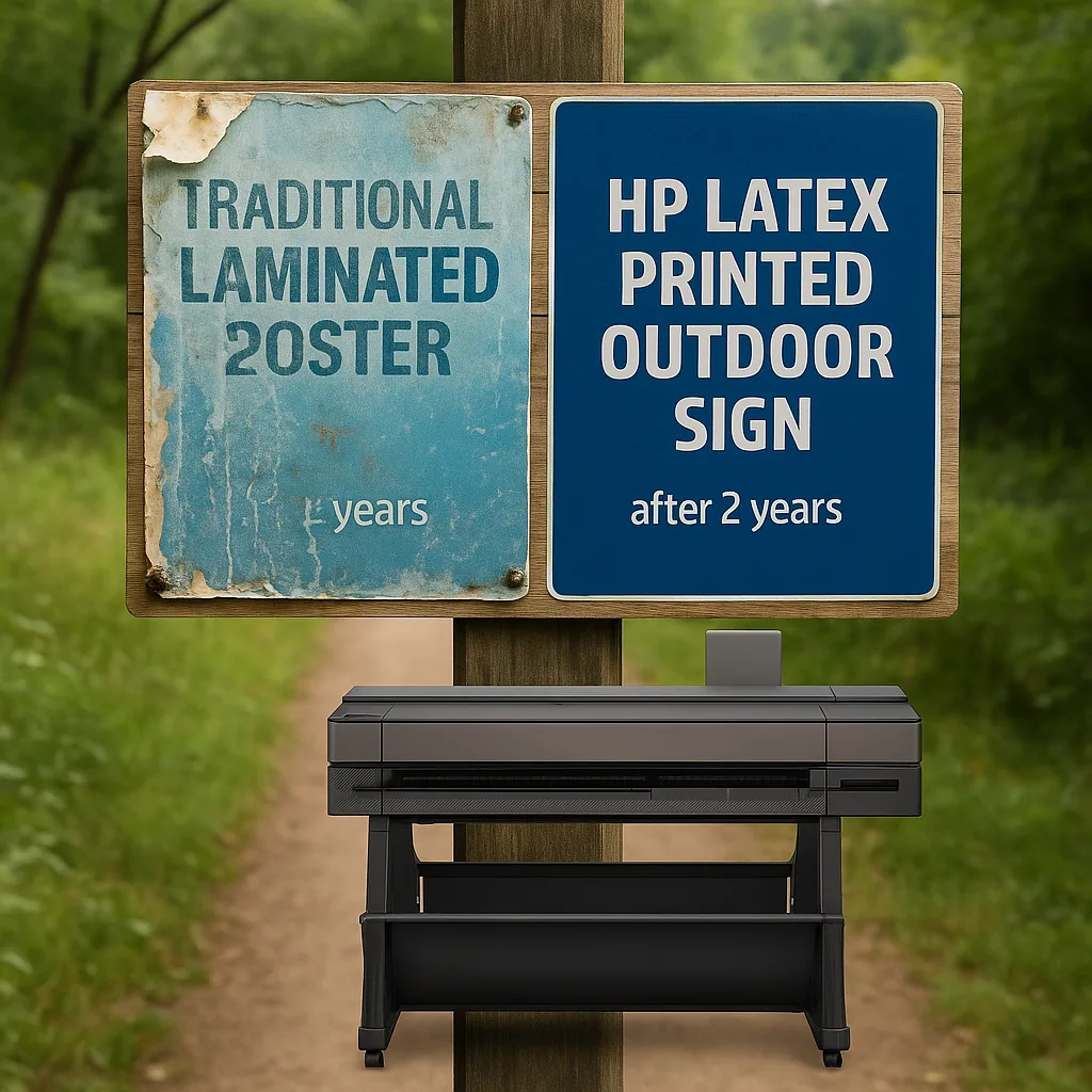 Close-up photograph of a weather-damaged traditional laminated poster next to a pristine HP Latex printed outdoor sign after 2 years of exposure, the dramatic difference in durability. Include