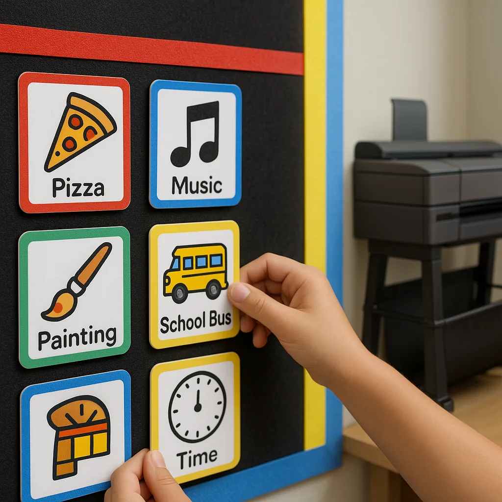 A close-up view of moveable picture cards being arranged on a velcro board by small hands. The cards show various school activities using simple, bold icons: pizza slice, music note, paint brush,