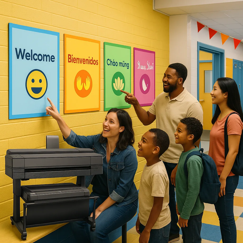 A vibrant, school hallway diverse families looking at colorful multilingual posters on the walls. The posters display the same message in English, Spanish, Vietnamese, and Arabic accompanying A vibrant, school hallway diverse families looking at colorful multilingual posters on the walls. The posters display the same message in English, Spanish, Vietnamese, and Arabic accompanying