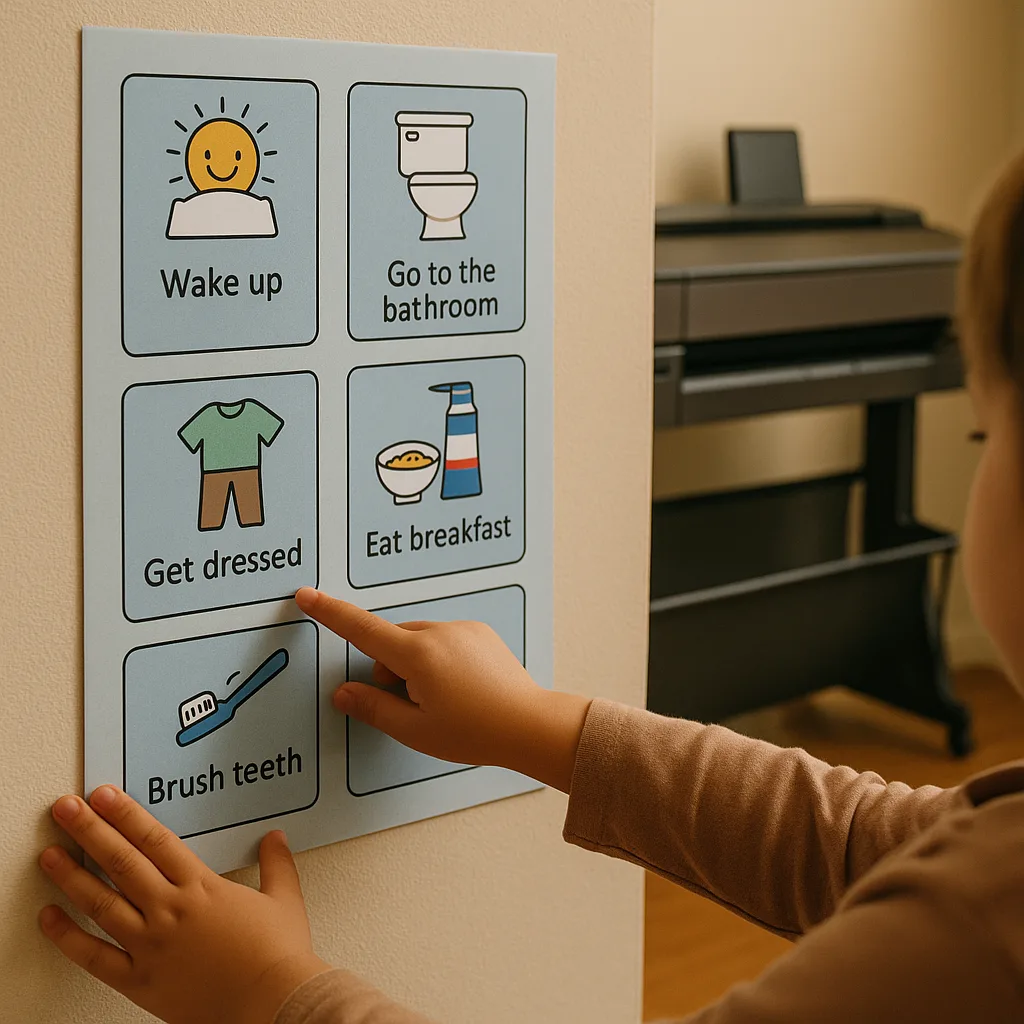 Close-up of a child's hands tracing along a visual schedule poster soft blue backgrounds and clear picture symbols. The schedule shows morning routine steps consistent spacing and simple icons.