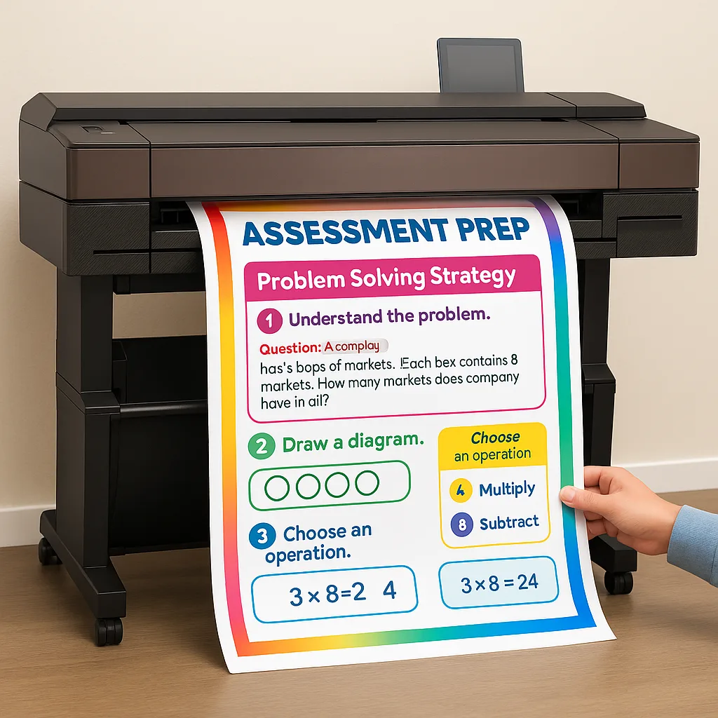 A close-up view of a classroom poster maker printing a large, colorful assessment prep poster. The poster being printed should show a math problem-solving strategy step-by-step visual guides, A close-up view of a classroom poster maker printing a large, colorful assessment prep poster. The poster being printed should show a math problem-solving strategy step-by-step visual guides,