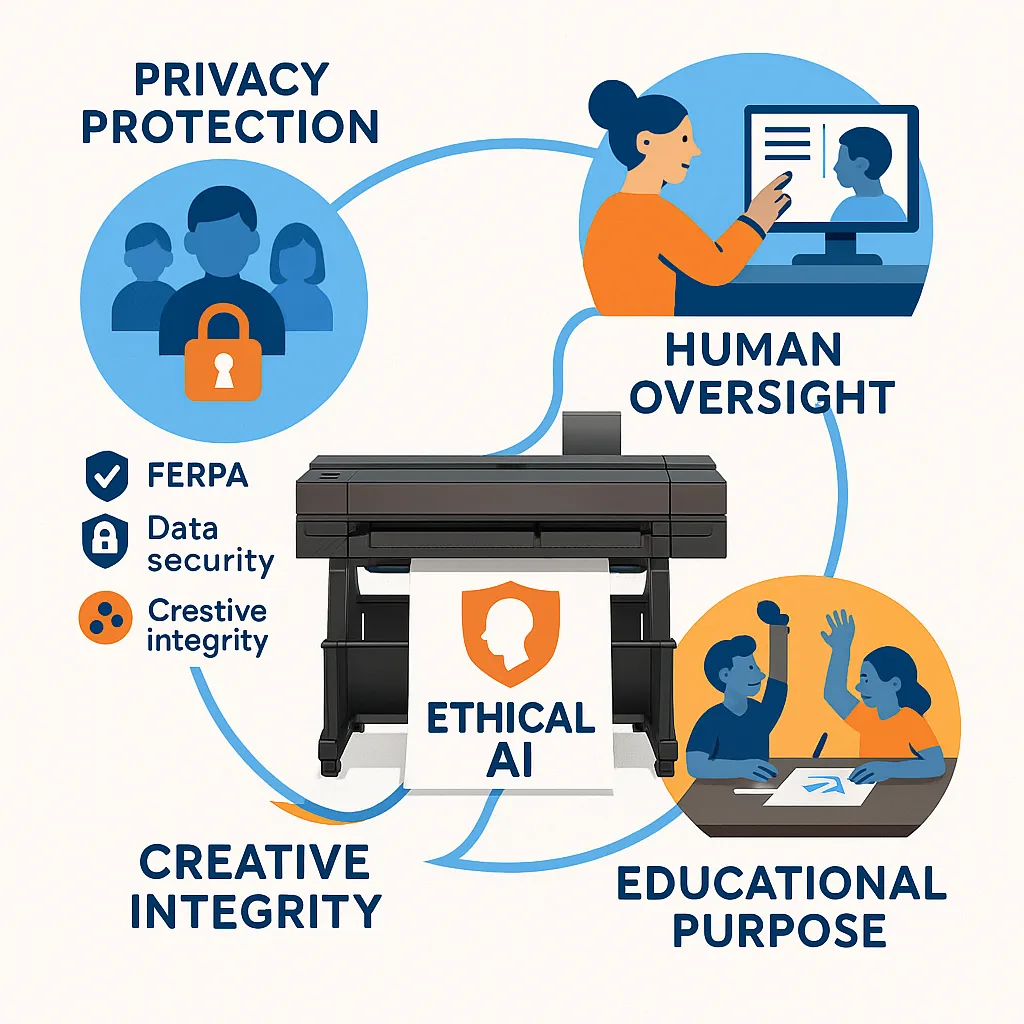 An infographic-style illustration the ethical AI poster design process. Center image shows a color poster maker machine three circular sections around it connected by flowing lines: 1) “Privacy An infographic-style illustration the ethical AI poster design process. Center image shows a color poster maker machine three circular sections around it connected by flowing lines: 1) "Privacy