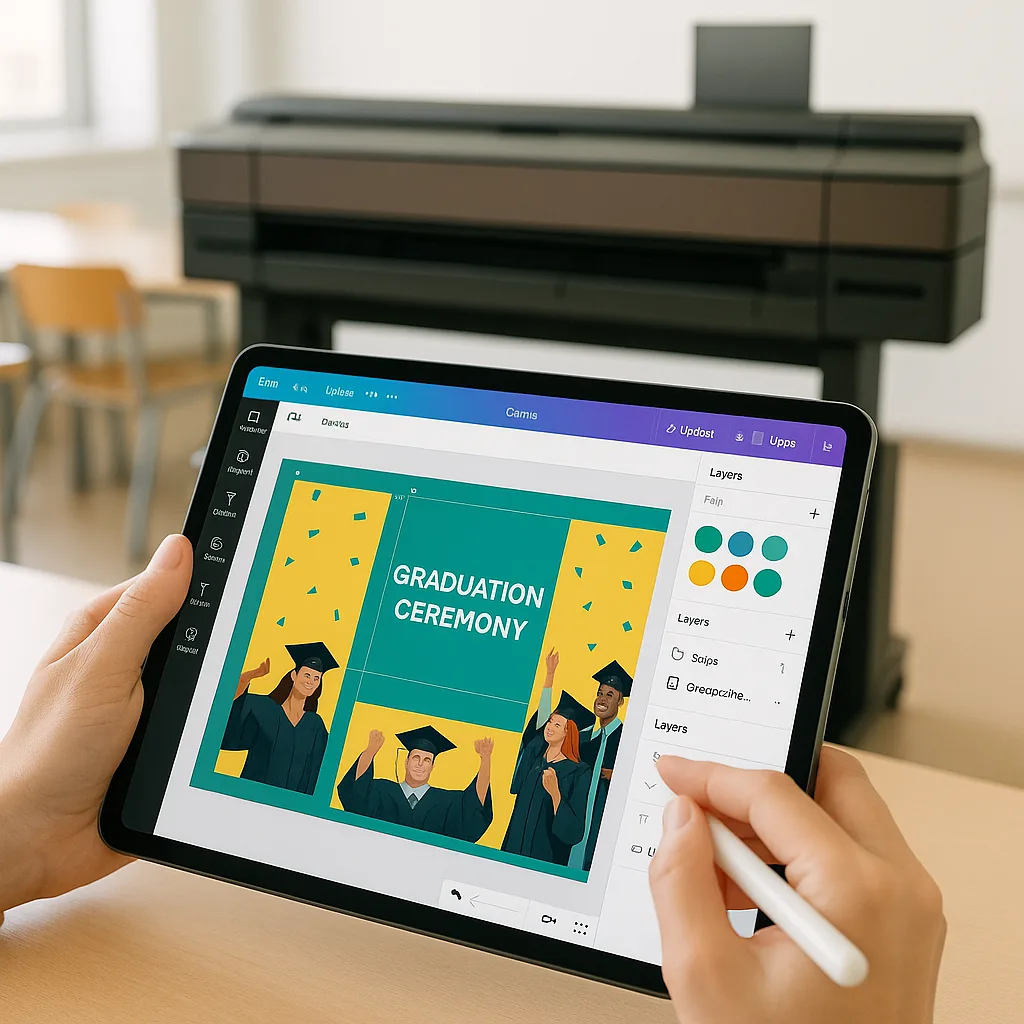 Close-up shot of hands using a tablet to design in Canva, a large-format poster printer visible in the background. The tablet screen shows a colorful graduation ceremony banner design multiple
