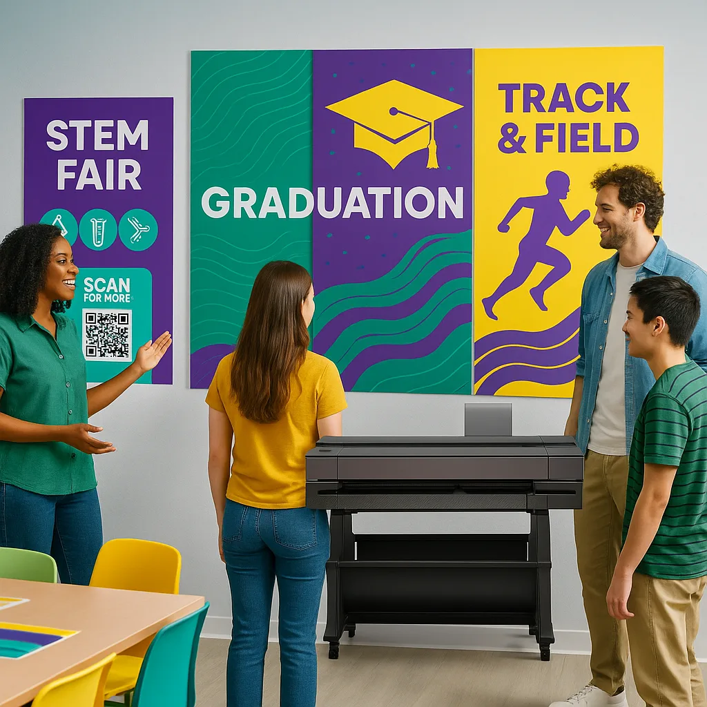 A vibrant, classroom or event space showcasing multiple large-format posters created advanced Canva techniques. Include a multi-panel graduation backdrop flowing design elements, QR codes visible A vibrant, classroom or event space showcasing multiple large-format posters created advanced Canva techniques. Include a multi-panel graduation backdrop flowing design elements, QR codes visible