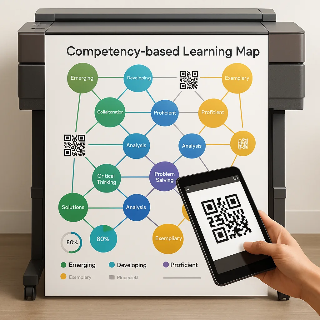Design a close-up view of a competency-based learning map printed on high-quality poster material. Show interconnected skill nodes in colors (green for emerging, blue for developing, purple for