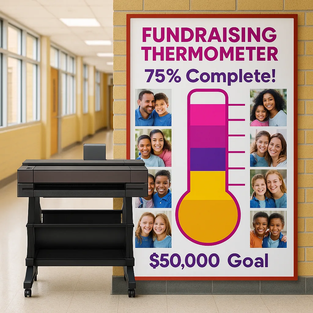 A vibrant, eye-catching fundraising thermometer poster displayed in a school hallway, progress toward a $50,000 goal colorful sections in pink, purple, and gold. The poster should be