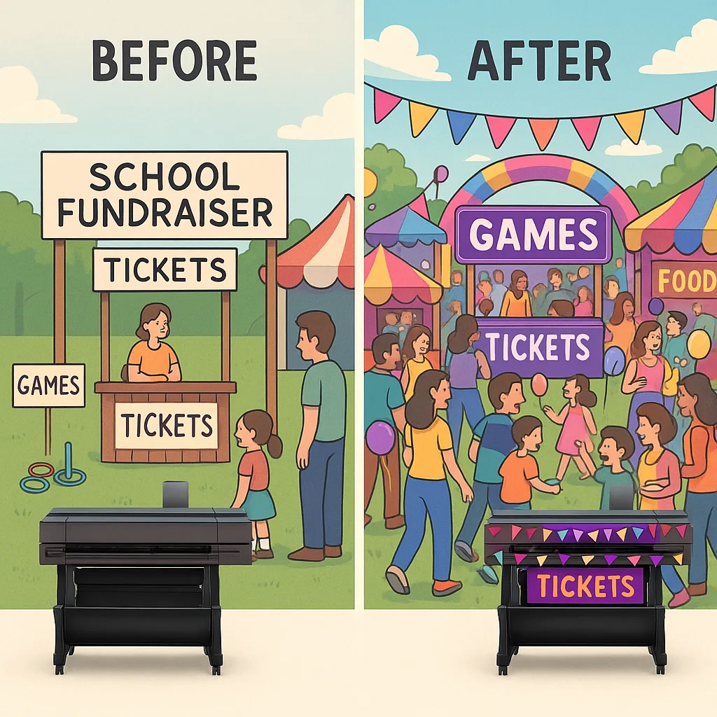 A before-and-after comparison two school fundraising events. Left side: sparse attendance at a carnival plain handwritten signs. Right side: packed carnival pink and purple posters, colorful A before-and-after comparison two school fundraising events. Left side: sparse attendance at a carnival plain handwritten signs. Right side: packed carnival pink and purple posters, colorful