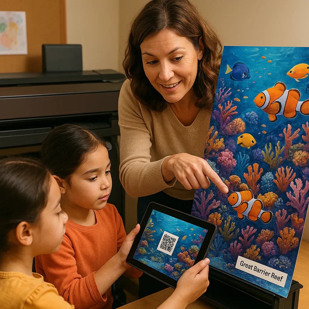 Close-up view of a teacher helping two elementary students scan a QR code on a coral reef poster. The poster shows tropical fish and coral in blues, oranges, and purples. One student holds a
