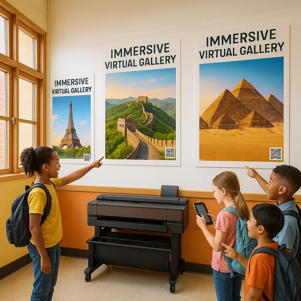 A bright, engaging classroom hallway transformed into an immersive virtual gallery. Show large colorful posters of world landmarks (Eiffel Tower, Great Wall, pyramids) mounted on white walls small