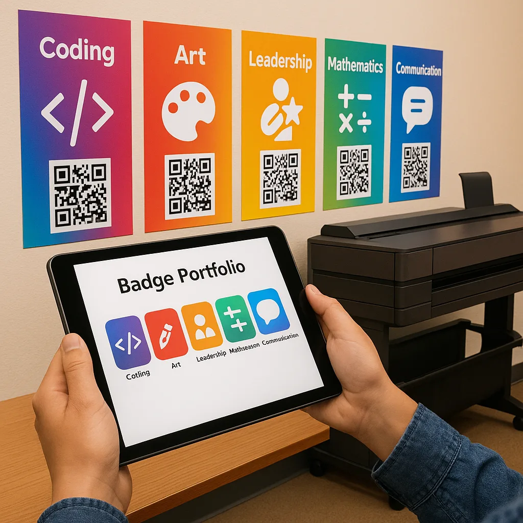 A close-up shot of a student's hands holding a tablet their digital badge portfolio on screen, while in the background, the same badges are displayed as large, colorful posters on a classroom