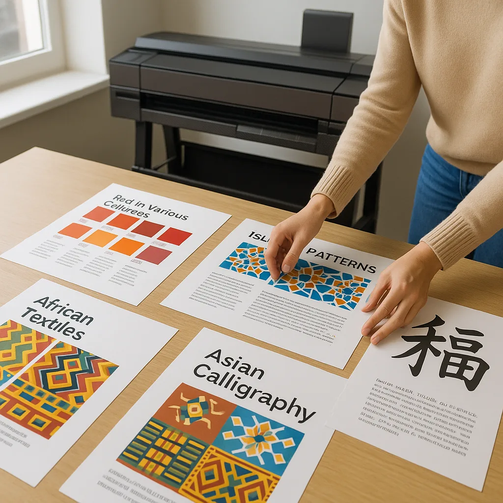 Close-up shot of hands arranging printed poster samples on a table, various cultural color palettes and design elements. Include color swatches how red means different things in different Close-up shot of hands arranging printed poster samples on a table, various cultural color palettes and design elements. Include color swatches how red means different things in different