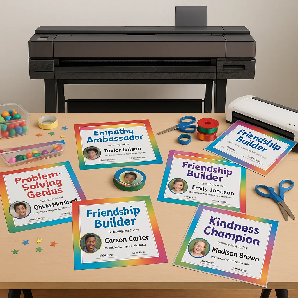 An organized display of various colorful award certificates spread on a table, different achievement categories like “Empathy Ambassador,” “Problem-Solving Genius,” and “Friendship Builder.” Each An organized display of various colorful award certificates spread on a table, different achievement categories like "Empathy Ambassador," "Problem-Solving Genius," and "Friendship Builder." Each