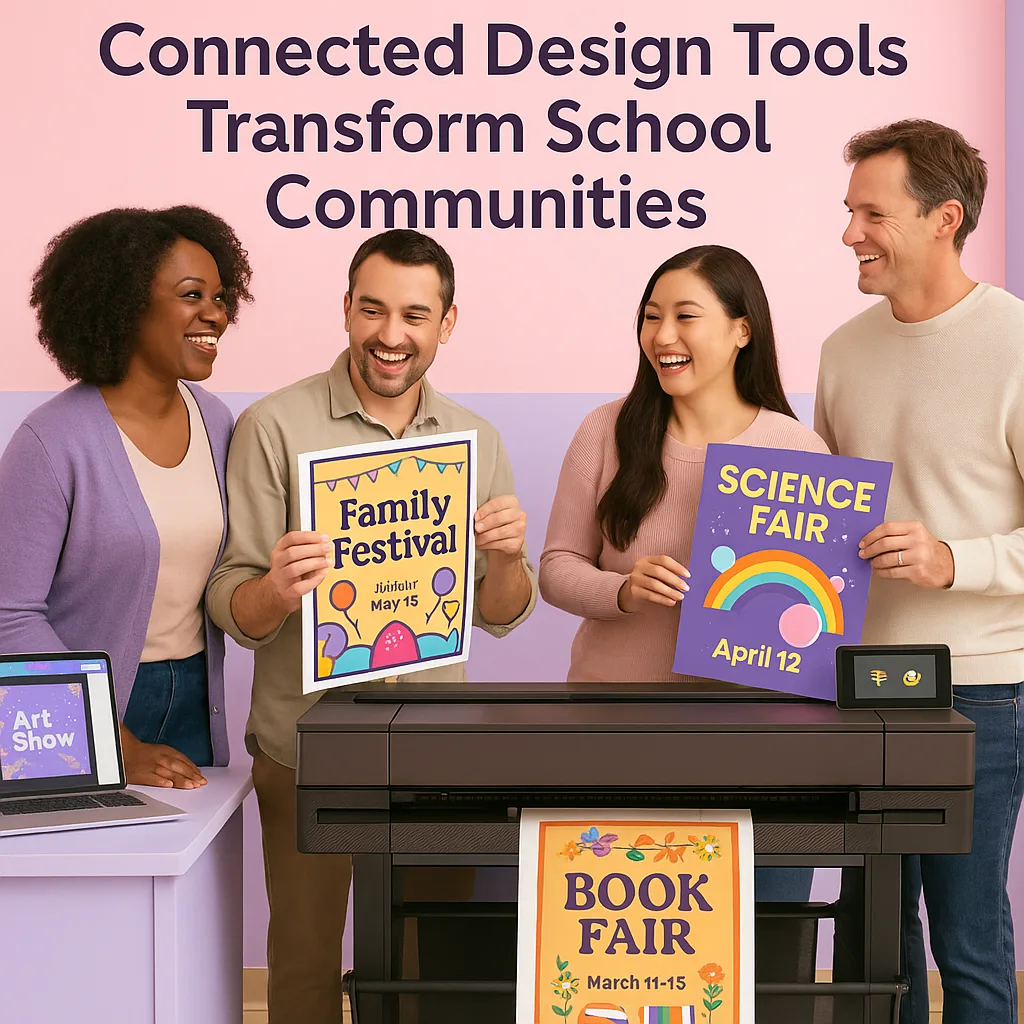 A bright, energetic hero image a diverse group of smiling parents gathered around a poster printer in a school setting. The scene should feature Cotton-Candy Pink (#FFB6C1) and Lavender (#E6E6FA)