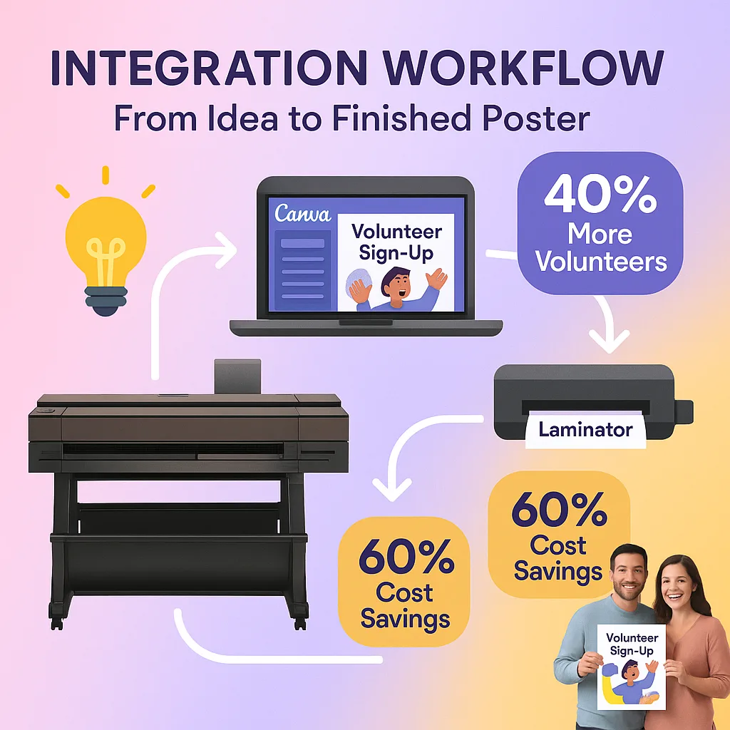 Design an infographic-style image the integration workflow from idea to finished poster. Start a lightbulb icon (representing ideas), flowing through a laptop Canva interface, connecting to a Design an infographic-style image the integration workflow from idea to finished poster. Start a lightbulb icon (representing ideas), flowing through a laptop Canva interface, connecting to a