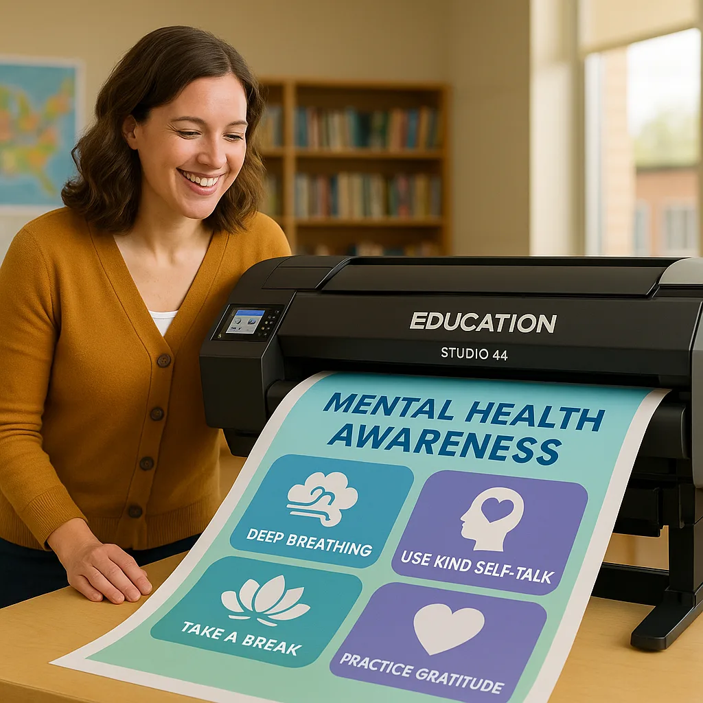 Close-up view of a teacher using the Education Studio 44 Poster Maker to print a large mental health awareness poster. The poster being printed should show calming colors (blues, greens, purples)