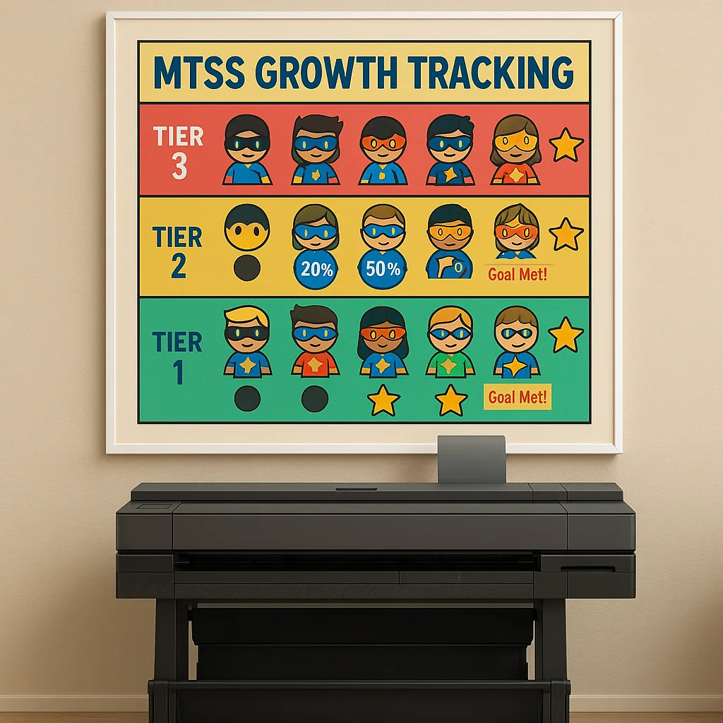 Close-up view of an MTSS growth tracking poster superhero-themed student avatars moving through intervention tiers, anonymous progress markers, percentage improvement badges, and celebration stars