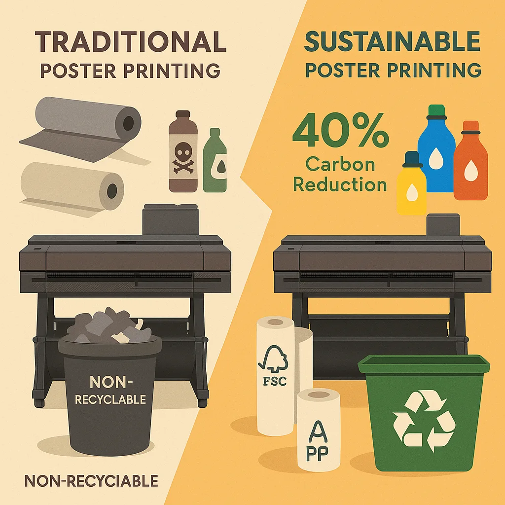 Design an infographic-style image comparing traditional vs. sustainable poster printing. Split the image diagonally - left side shows old-style printing vinyl rolls, chemical bottles, and waste