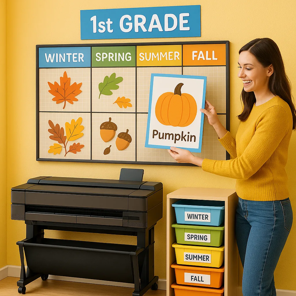 A bright, cheerful first-grade classroom a modular bulletin board system interchangeable seasonal components. The main board features a neutral grid framework colorful fall-themed inserts that can