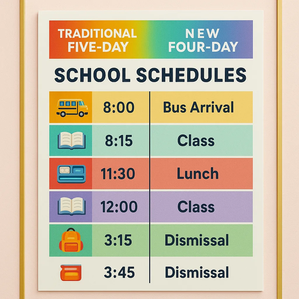 A close-up view of a poster a side-by-side comparison of traditional five-day vs. new four-day school schedules. The poster features rainbow gradient headers, clear time blocks in different