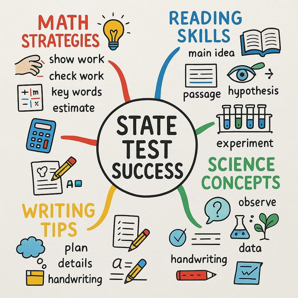Close-up view of a mind map poster for state testing prep. Central hub labeled “STATE TEST SUCCESS” colorful branches extending outward: red branch for “Math Strategies”, blue for “Reading Close-up view of a mind map poster for state testing prep. Central hub labeled "STATE TEST SUCCESS" colorful branches extending outward: red branch for "Math Strategies", blue for "Reading