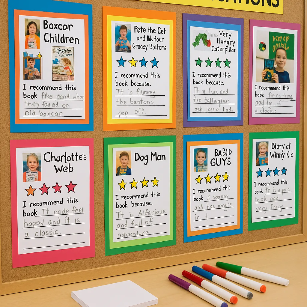 Close-up shot of a colorful book recommendation board in an elementary classroom, student-created recommendation cards book covers, star ratings, and handwritten reviews, cards arranged in a grid