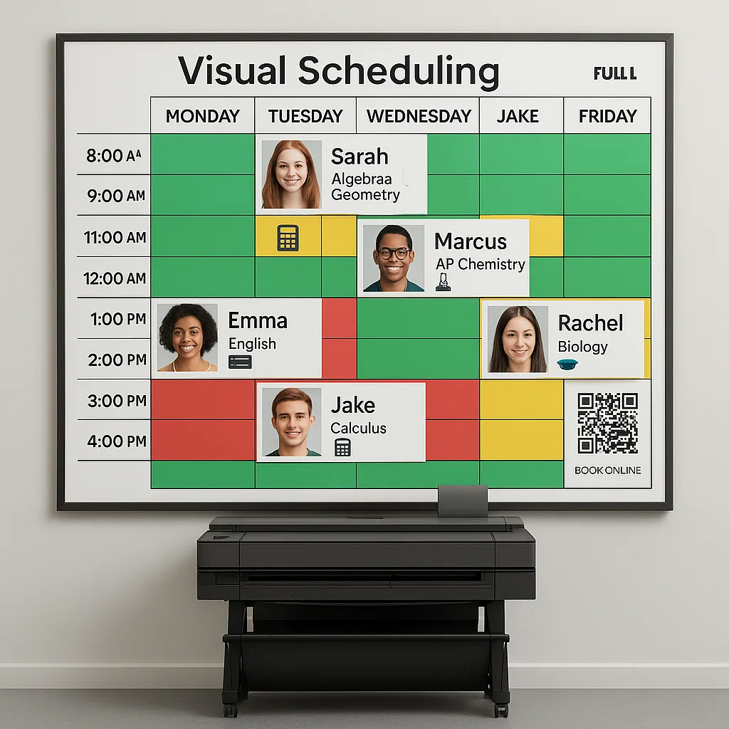 Design a close-up view of a visual scheduling board system using the google font 'Suse'. Show a large wall-mounted grid days of the week across the top and time slots down the side. Use color