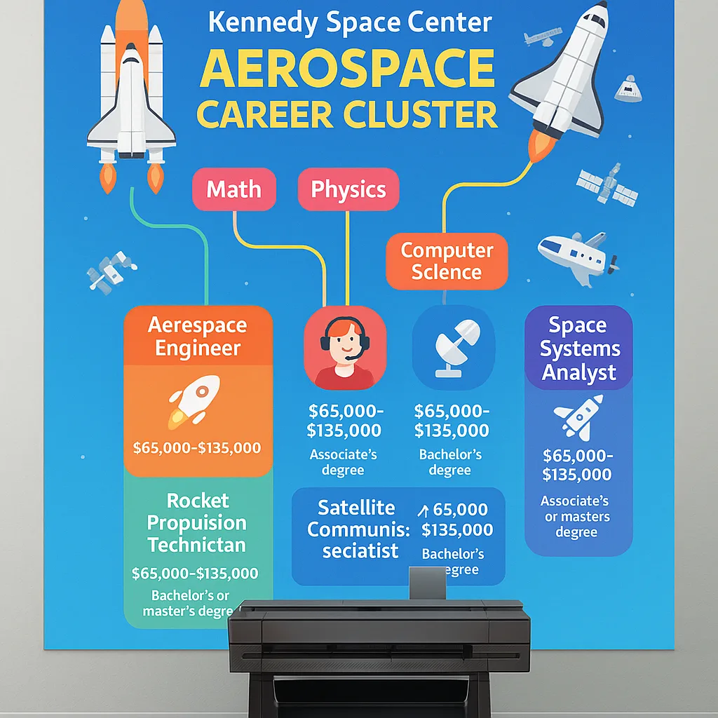 Design a colorful infographic-style poster the Kennedy Space Center aerospace career cluster. Use Google font 'Suse' for all text. Include visual pathways from high school subjects (math, physics,