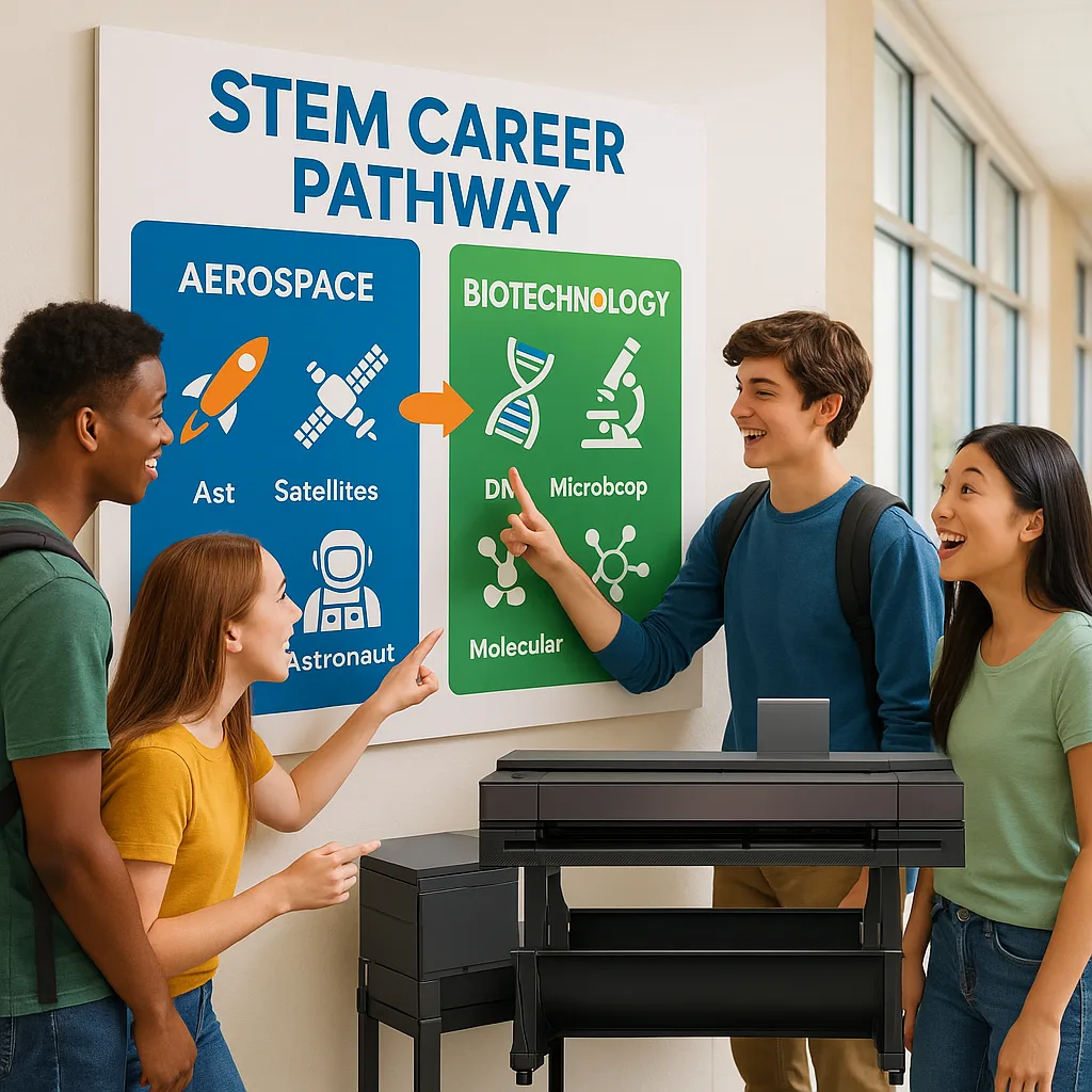 Design a colorful infographic-style poster the Kennedy Space Center aerospace career cluster. Use Google font 'Suse' for all text. Include visual pathways from high school subjects (math, physics,