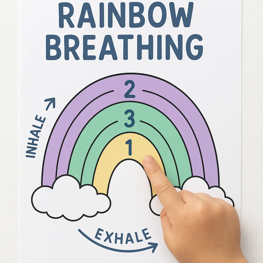 A close-up view of a 'Rainbow Breathing' poster design a large, colorful rainbow numbered steps (1-2-3) going up one side for inhaling and down the other side for exhaling. Include simple cartoon