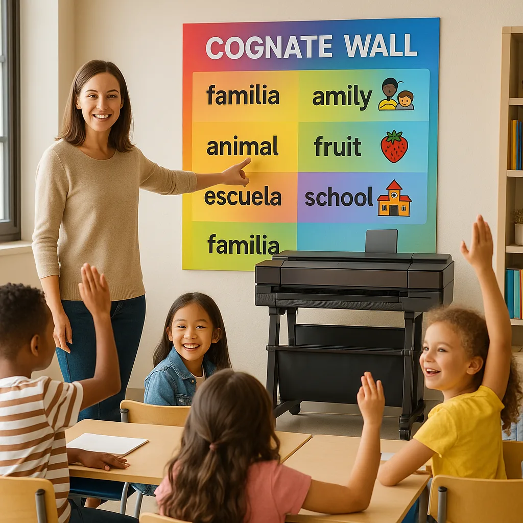 A classroom scene a teacher pointing to a large, colorful cognate wall Spanish-English word pairs like "familia/family" and "escuela/school". The wall display uses rainbow colors gradient effects.