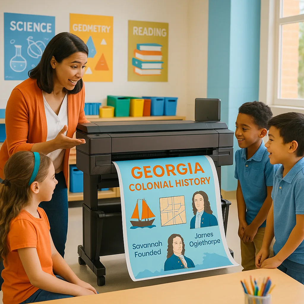 An engaging classroom scene focused on a teacher and students working together to create a large historical timeline poster using a poster printer machine. The image shows a Education Express 36"