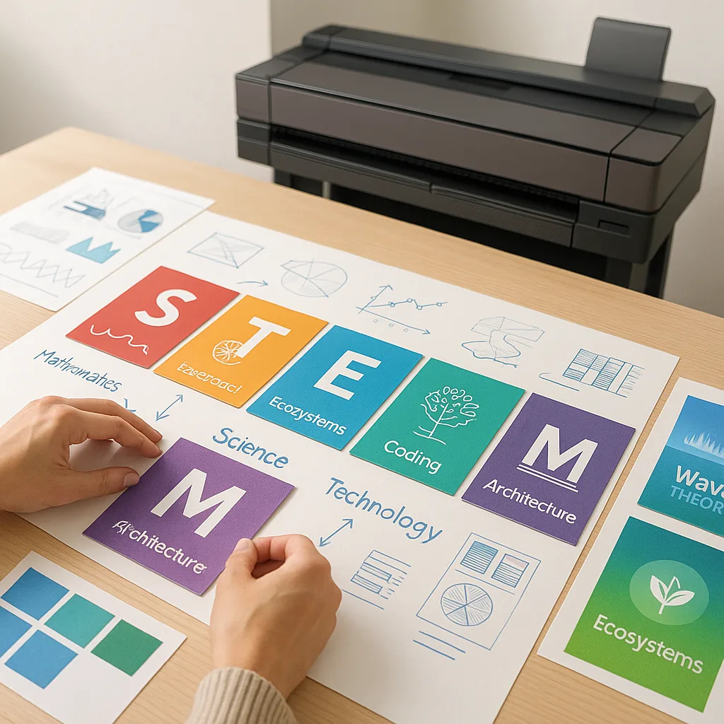 Close-up view of hands arranging colorful STEAM concept cards on a planning board, the design process for creating interdisciplinary poster connections. Cards display icons and keywords like "Wave