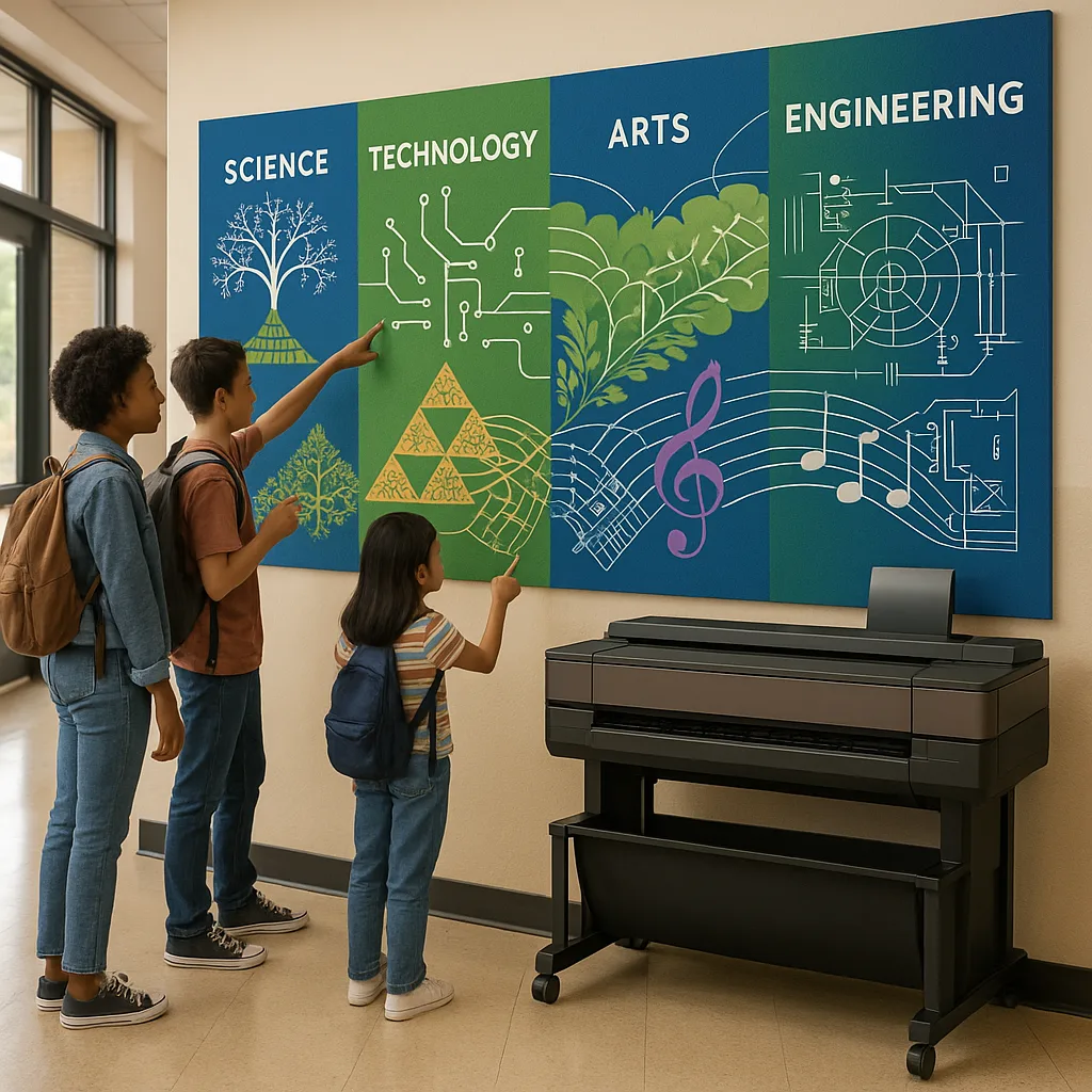 A vibrant, K-12 school hallway a large STEAM integration wall display. The wall shows interconnected posters displaying mathematical fractals transforming into natural patterns, circuit diagrams