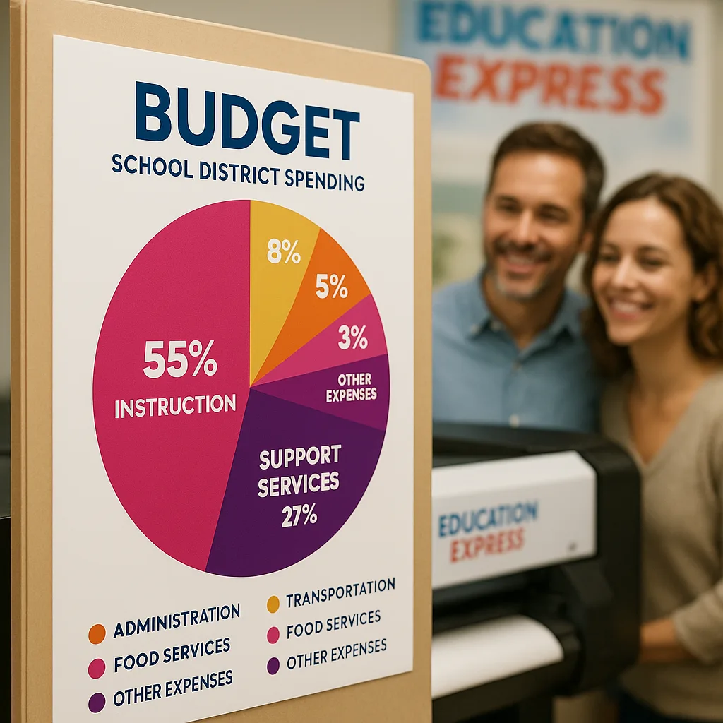 Close-up of a budget visualization poster a large pie chart in shades of pink, purple, and gold school district spending categories. Clear labels, design, mounted on a sturdy display board.