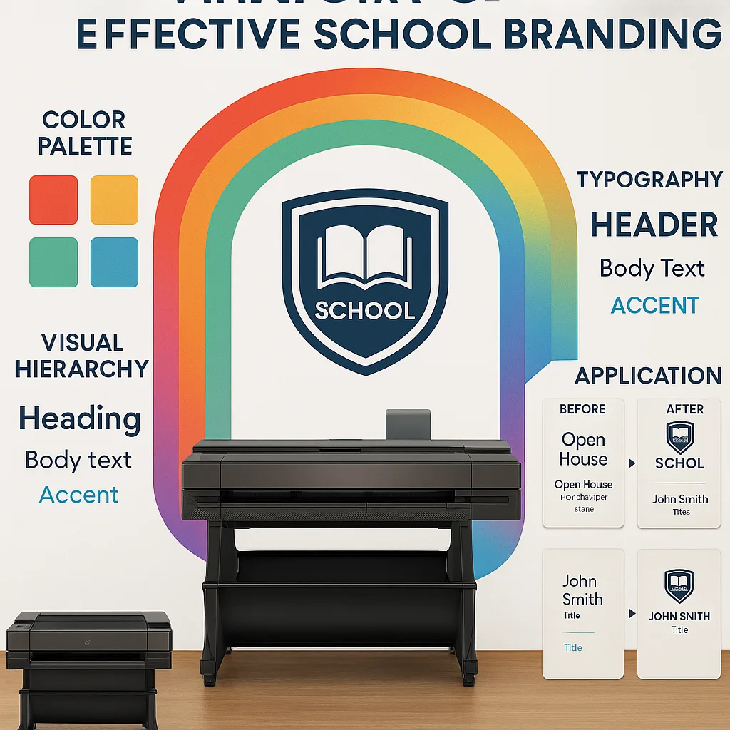 An infographic-style image the anatomy of effective school branding. Display a central school logo surrounded by color palette swatches, typography samples, and application examples. Include An infographic-style image the anatomy of effective school branding. Display a central school logo surrounded by color palette swatches, typography samples, and application examples. Include
