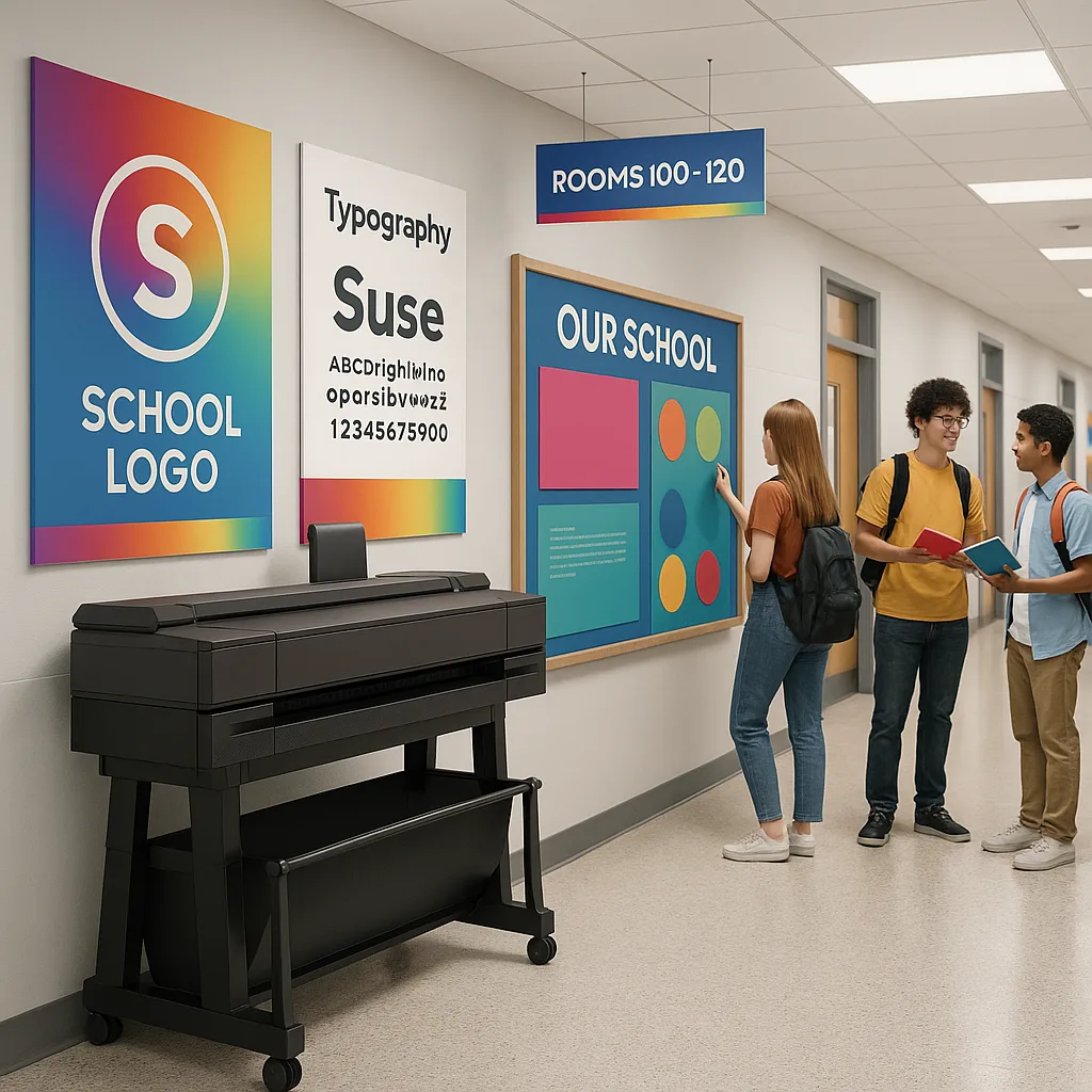 A bright, K-12 school hallway cohesive visual branding elements. Show colorful poster displays consistent design themes, wayfinding signage in school colors, and students interacting branded