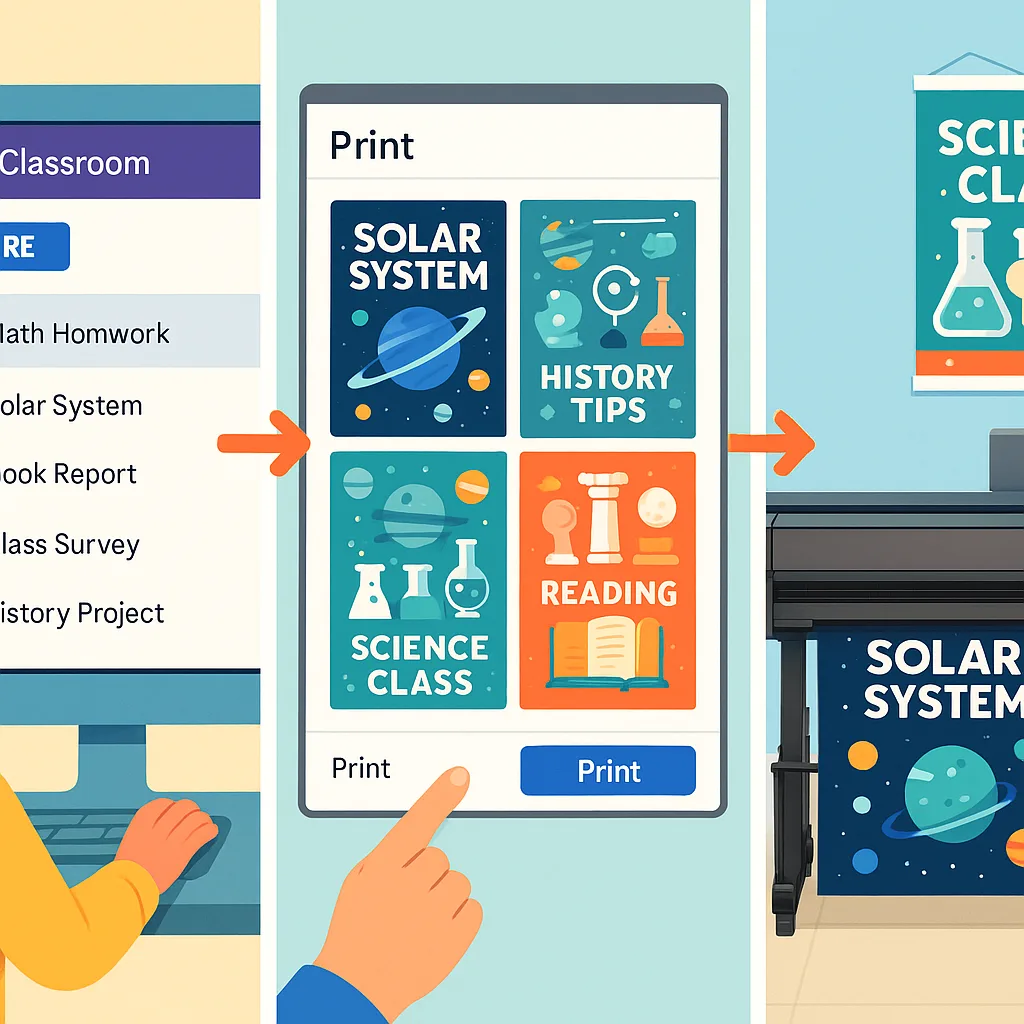 Split-screen visualization the three-step process: Left panel shows a teacher selecting multiple assignments in Google Classroom interface, middle panel displays a print preview poster templates,
