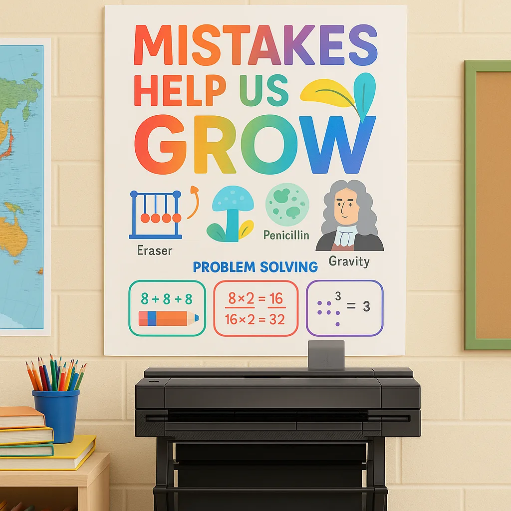 A close-up view of a classroom wall a “Mistakes Help Us Grow” poster colorful illustrations of famous mathematical discoveries that came from errors. Show visual problem-solving strategies A close-up view of a classroom wall a "Mistakes Help Us Grow" poster colorful illustrations of famous mathematical discoveries that came from errors. Show visual problem-solving strategies
