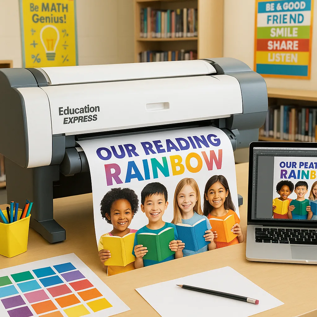 A close-up view of a poster creation station in a school library. Show the Education Express 24" poster maker machine (white/grey printer) printing a colorful literacy campaign poster. The poster