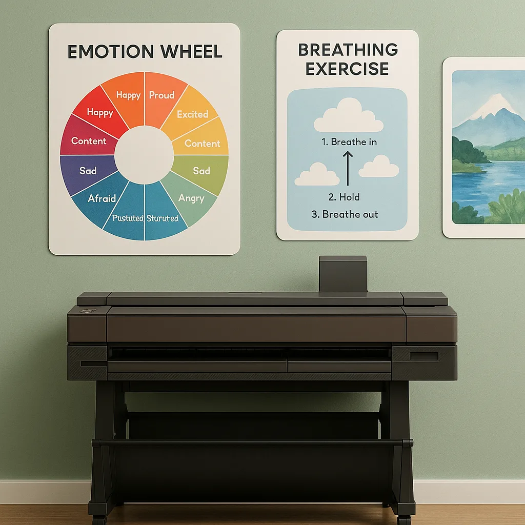Close-up view of a trauma-informed classroom wall the 60-30-10 rule in practice - mostly soft sage green wall space carefully placed educational posters rounded edges and nature imagery. Posters