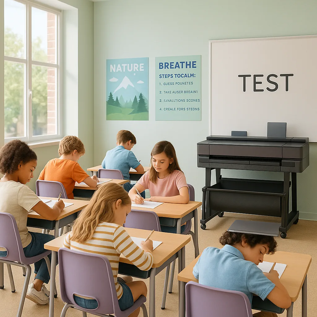 A bright, calming classroom testing environment viewed from the back corner middle school students at desks taking a test. The walls feature soft sage green and sky blue educational posters nature
