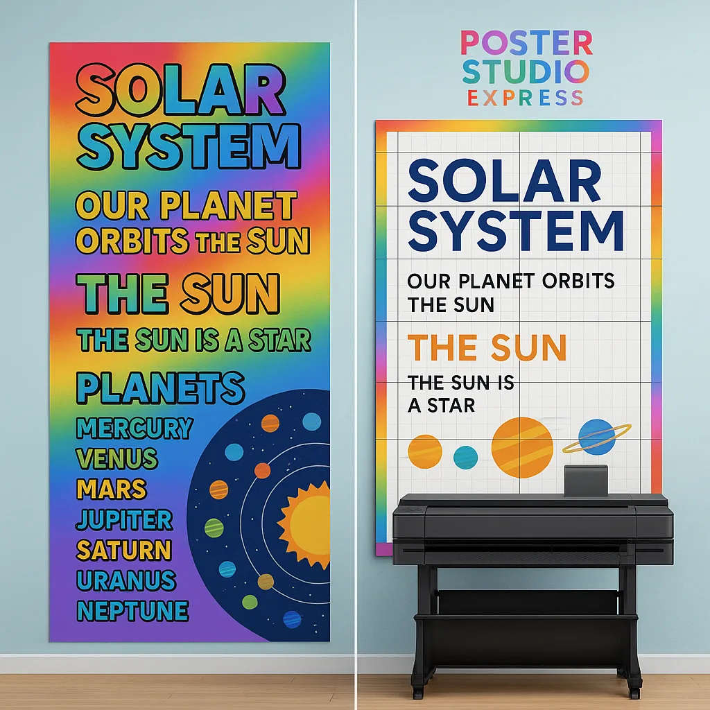A bright, engaging hero image a split-screen transformation: left side shows a cluttered, poorly designed educational poster too many fonts and colors, right side shows the same content redesigned Design layout examples showing before and after transformations